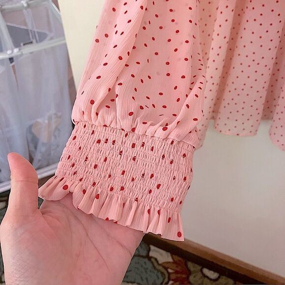 Torrid Womens Plus Size Pink Chiffon Bow Front Button-Up Polkadot Blouse Size 5X - Picture 10 of 13